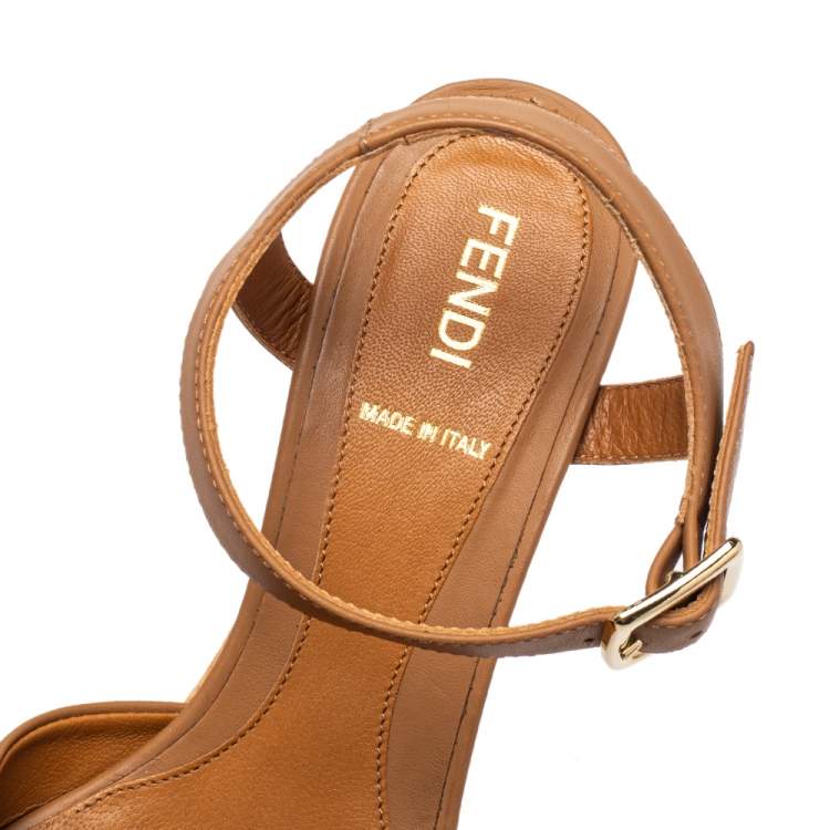 Pre Owned Fendi Brown Leather Cork Wedge Platform Ankle Strap Sandals Size 35