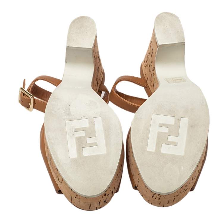 Pre Owned Fendi Brown Leather Cork Wedge Platform Ankle Strap Sandals Size 35