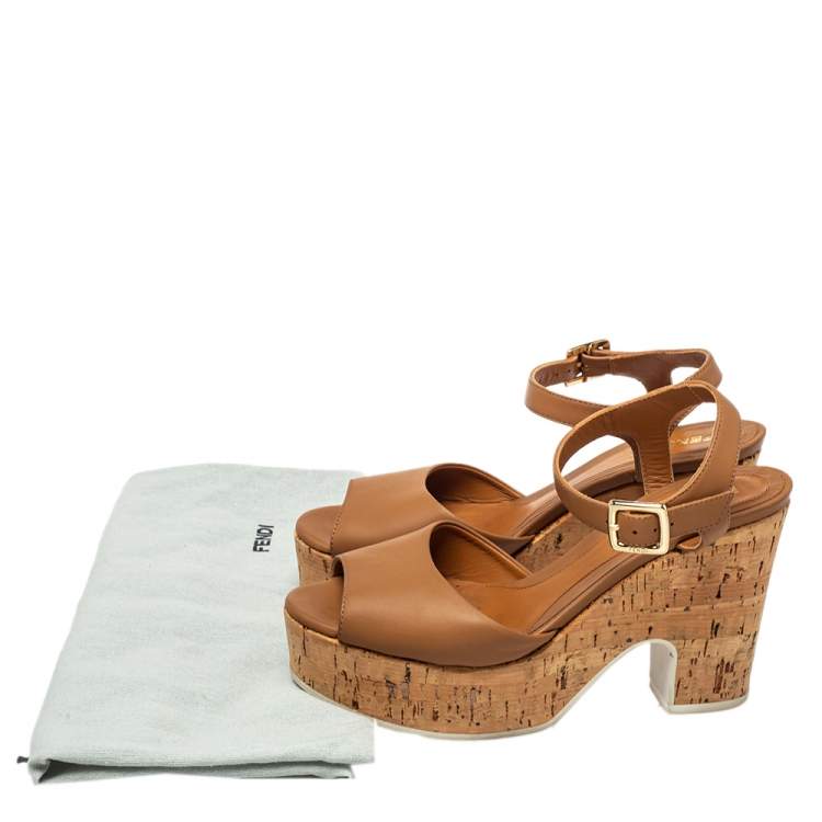 Pre Owned Fendi Brown Leather Cork Wedge Platform Ankle Strap Sandals Size 35