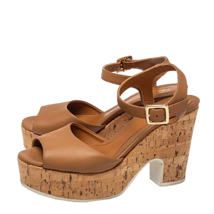 Pre Owned Fendi Brown Leather Cork Wedge Platform Ankle Strap Sandals Size 35