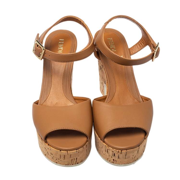 Pre Owned Fendi Brown Leather Cork Wedge Platform Ankle Strap Sandals Size 35