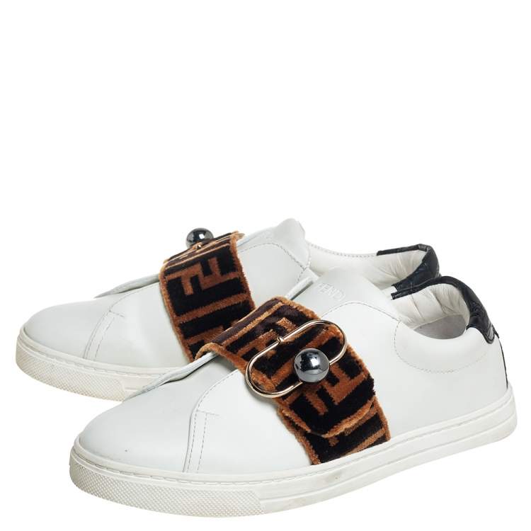 Pre Owned Fendi White/Brown Leather And Velvet Pearland Slip On Sneakers  Size 36
