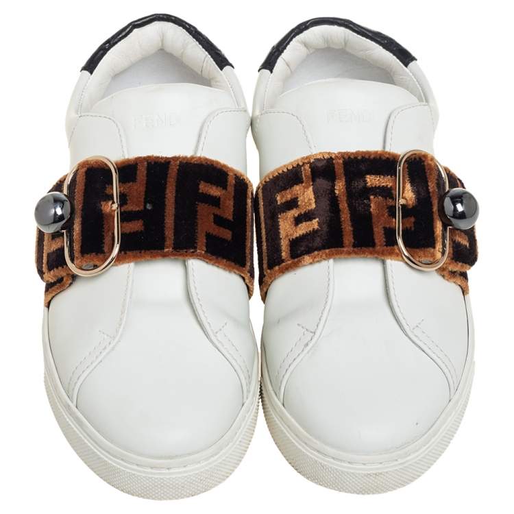 Pre Owned Fendi White/Brown Leather And Velvet Pearland Slip On Sneakers  Size 36