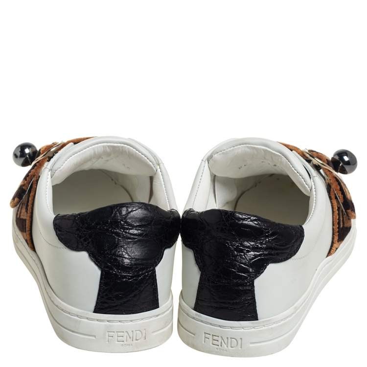 Pre Owned Fendi White/Brown Leather And Velvet Pearland Slip On Sneakers  Size 36