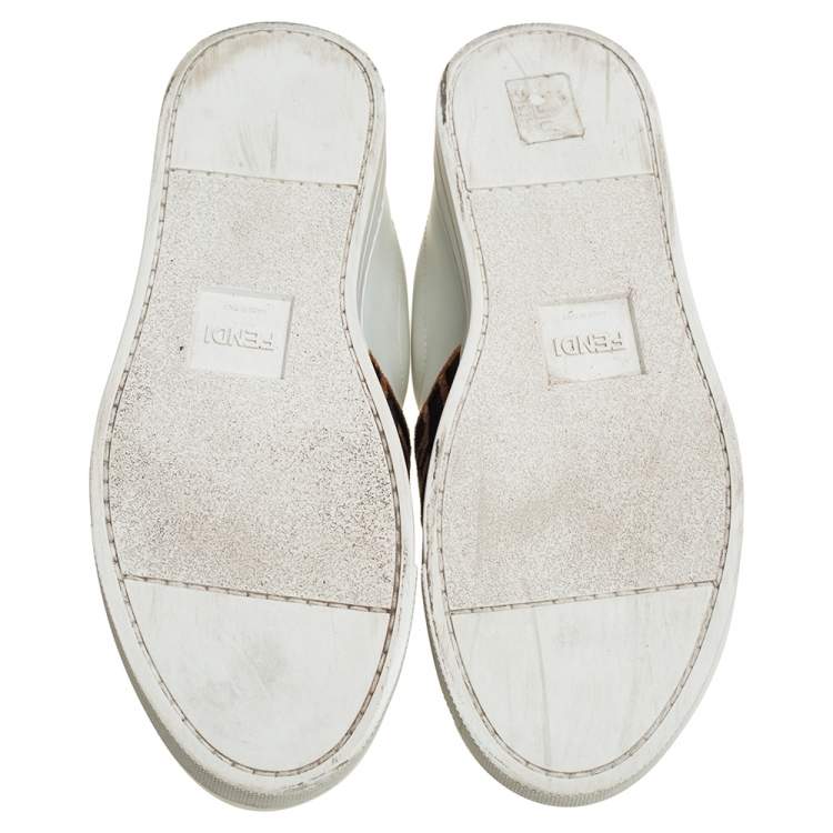 Pre Owned Fendi White/Brown Leather And Velvet Pearland Slip On Sneakers  Size 36