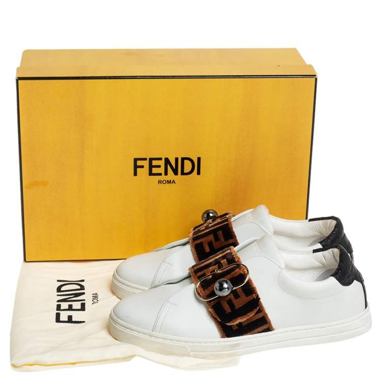 Pre Owned Fendi White/Brown Leather And Velvet Pearland Slip On Sneakers  Size 36