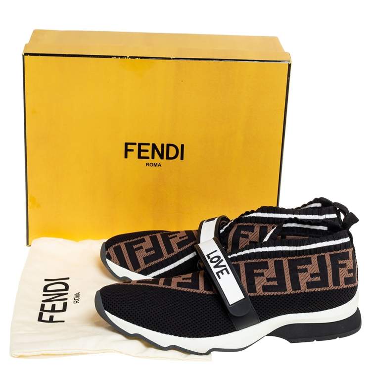 Pre Owned Fendi Black/Brown Mesh And FF Zucca Knit Fabric Rockoko Sneakers Size 41