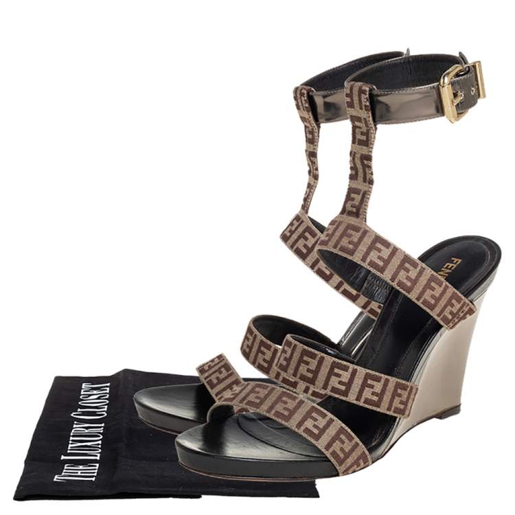 Pre Owned Fendi Beige/Brown FF Canvas And Leather Wedge Ankle Strap Sandals Size 40.5