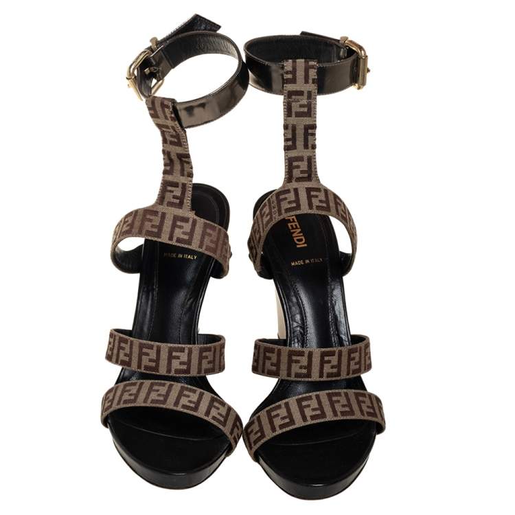 Pre Owned Fendi Beige/Brown FF Canvas And Leather Wedge Ankle Strap Sandals Size 40.5
