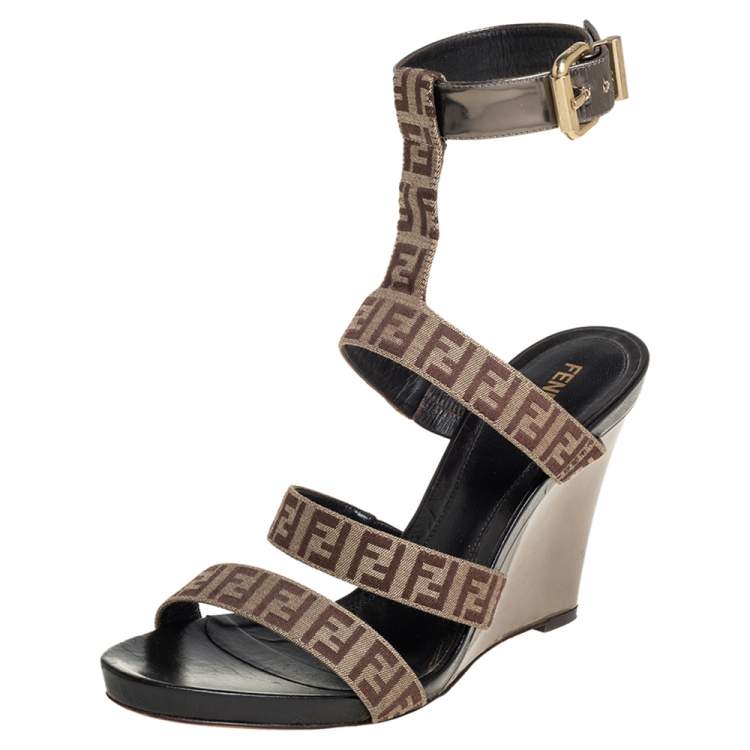 Pre Owned Fendi Beige/Brown FF Canvas And Leather Wedge Ankle Strap Sandals Size 40.5