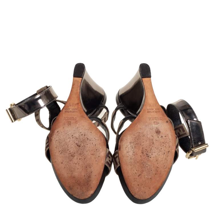 Pre Owned Fendi Beige/Brown FF Canvas And Leather Wedge Ankle Strap Sandals Size 40.5