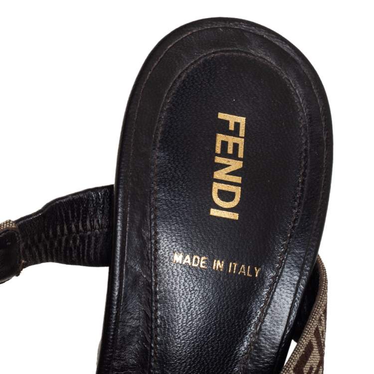 Pre Owned Fendi Beige/Brown FF Canvas And Leather Wedge Ankle Strap Sandals Size 40.5