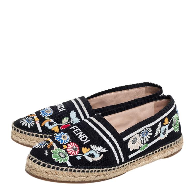Pre Owned Fendi Black Embroidered Knit Fabric Espadrille Flats Size 39