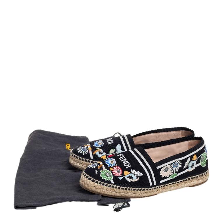 Pre Owned Fendi Black Embroidered Knit Fabric Espadrille Flats Size 39