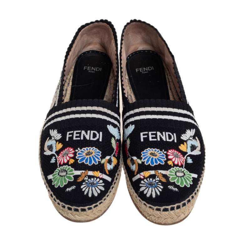 Pre Owned Fendi Black Embroidered Knit Fabric Espadrille Flats Size 39