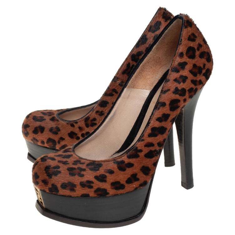 Pre Owned Fendi Brown Leopard Print Pony Hair Logo Decollete Heels Platform Pumps Size 35