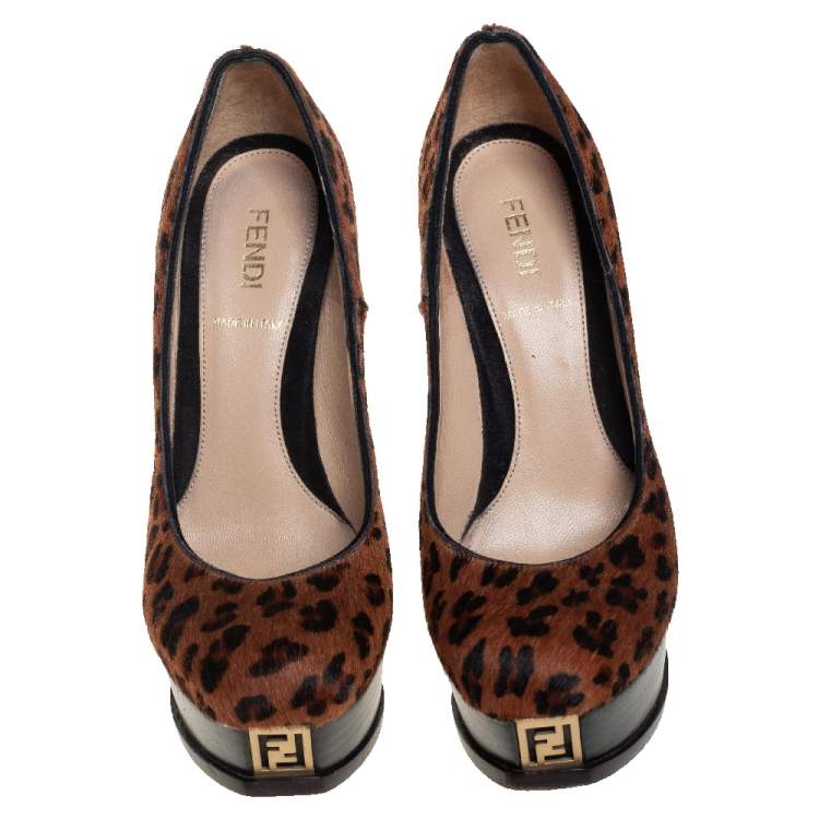 Pre Owned Fendi Brown Leopard Print Pony Hair Logo Decollete Heels Platform Pumps Size 35