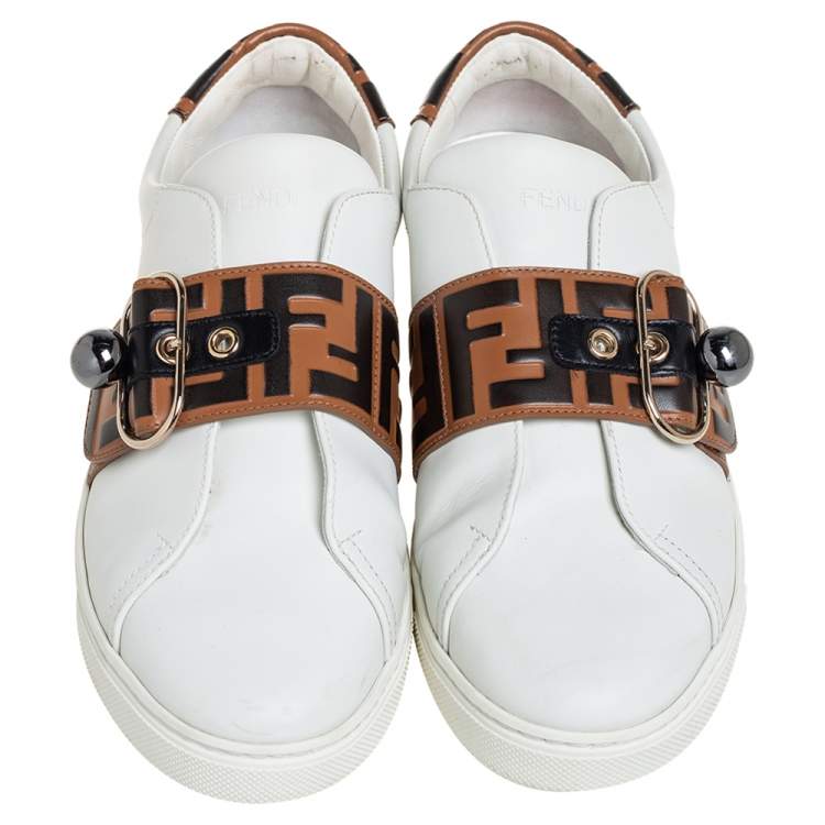 Pre Owned Fendi White/Beige Zucca Leather Low Top Sneakers Size 40