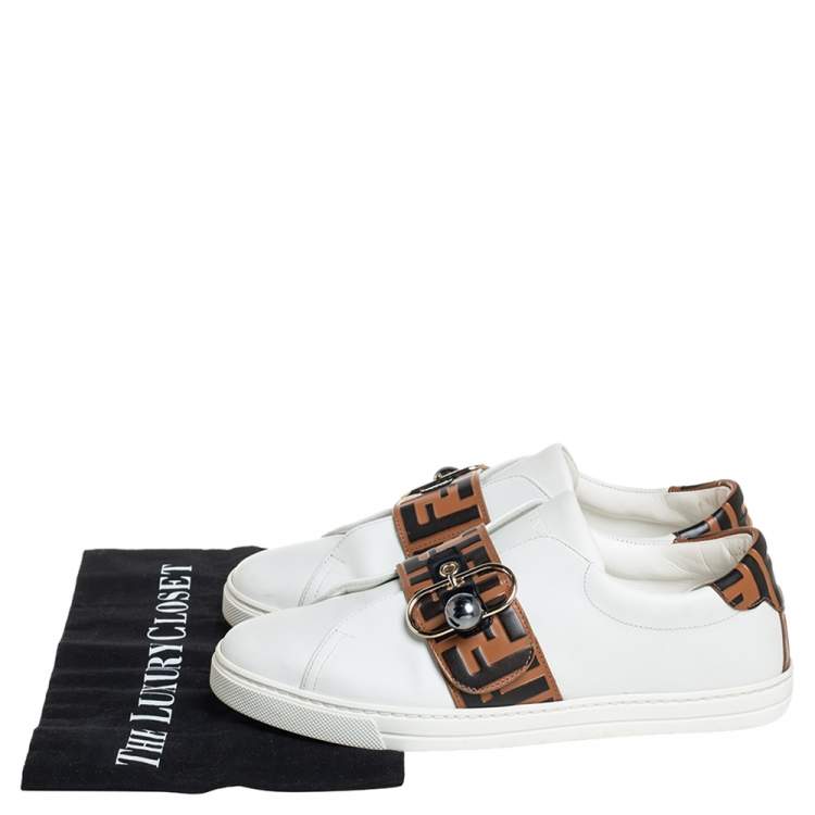 Pre Owned Fendi White/Beige Zucca Leather Low Top Sneakers Size 40