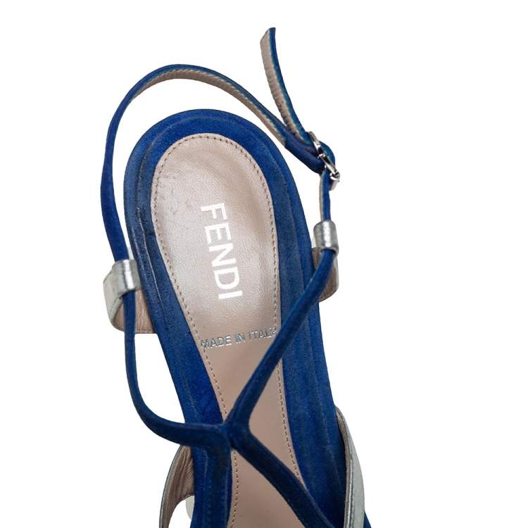 Pre Owned Fendi Blue/Silver Leather And Suede Strappy Sandals Size 37.5