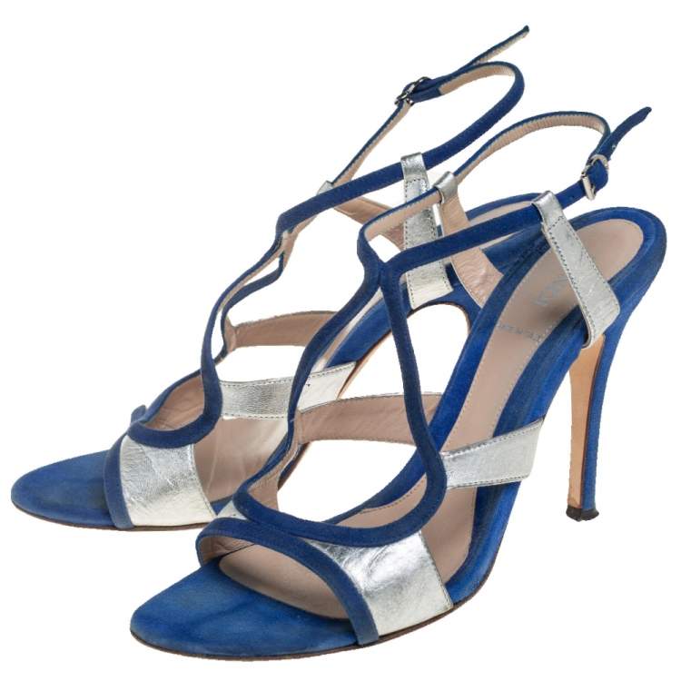 Pre Owned Fendi Blue/Silver Leather And Suede Strappy Sandals Size 37.5