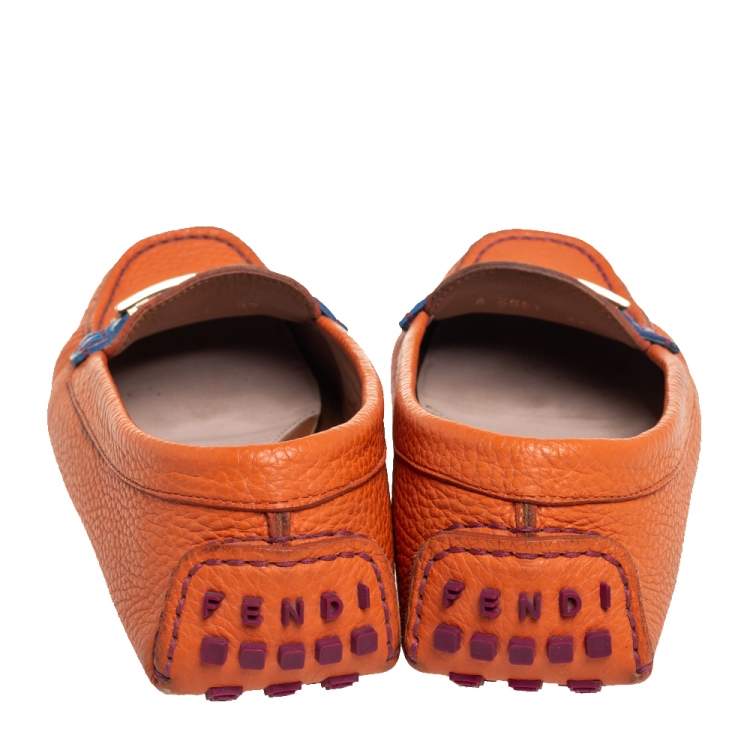Pre Owned Fendi Orange/Blue Leather And Croc Embossed Leather FF Logo Slip On Loafers Size 37