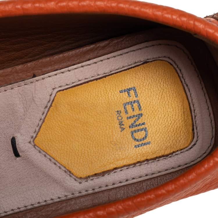 Pre Owned Fendi Orange/Blue Leather And Croc Embossed Leather FF Logo Slip On Loafers Size 37