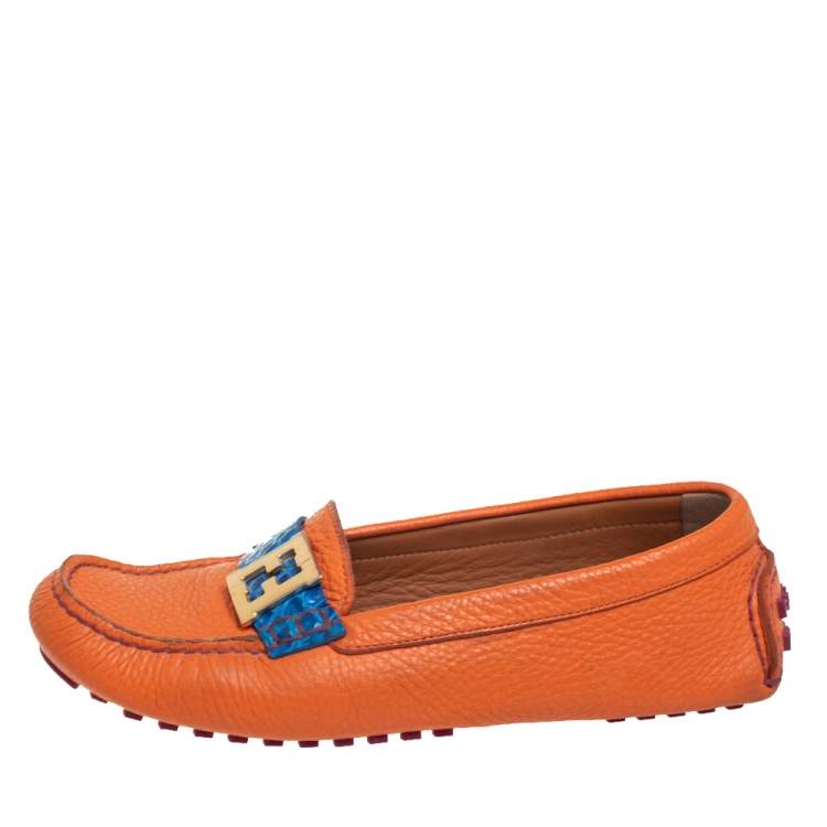 Pre Owned Fendi Orange/Blue Leather And Croc Embossed Leather FF Logo Slip On Loafers Size 37