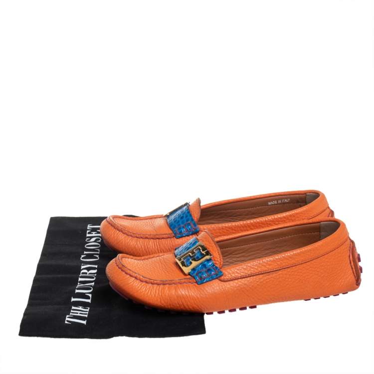 Pre Owned Fendi Orange/Blue Leather And Croc Embossed Leather FF Logo Slip On Loafers Size 37