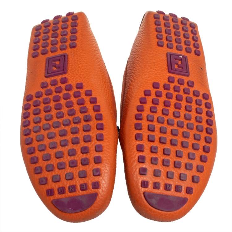 Pre Owned Fendi Orange/Blue Leather And Croc Embossed Leather FF Logo Slip On Loafers Size 37