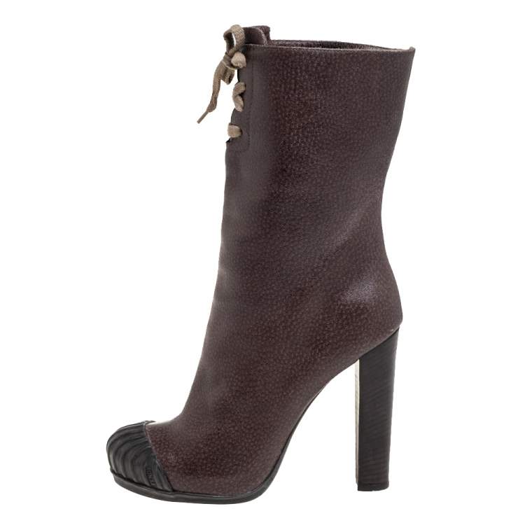 Fendi Grey Embossed Leather Lace Up Detail Mid Calf Boots
