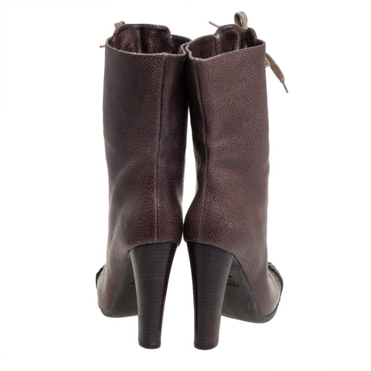 مملوكة مسبقًا Fendi Grey Embossed Leather Lace Up Detail Mid Calf Boots Size 40