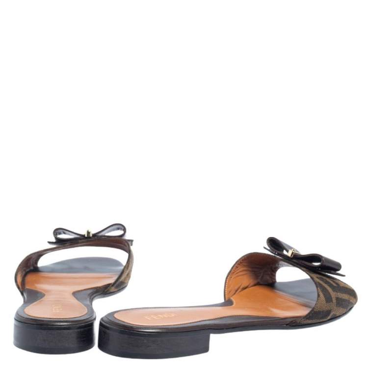 Pre Owned Fendi Zucca Canvas and Leather Bow Slide Flats Size 41