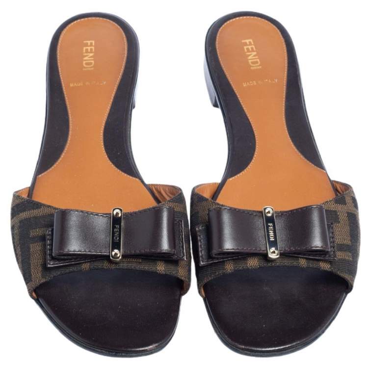 Pre Owned Fendi Zucca Canvas and Leather Bow Slide Flats Size 41