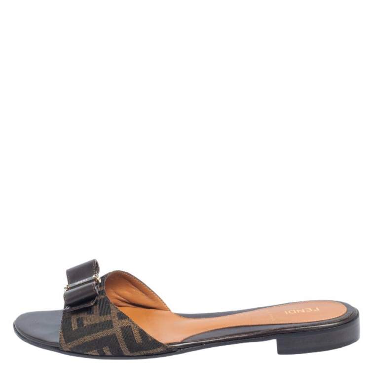 Pre Owned Fendi Zucca Canvas and Leather Bow Slide Flats Size 41
