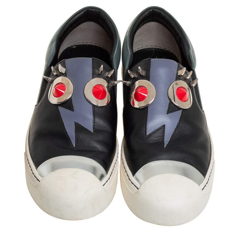 مملوكة مسبقًا Fendi Black/Grey Leather Monster Slip On Sneakers Size 38