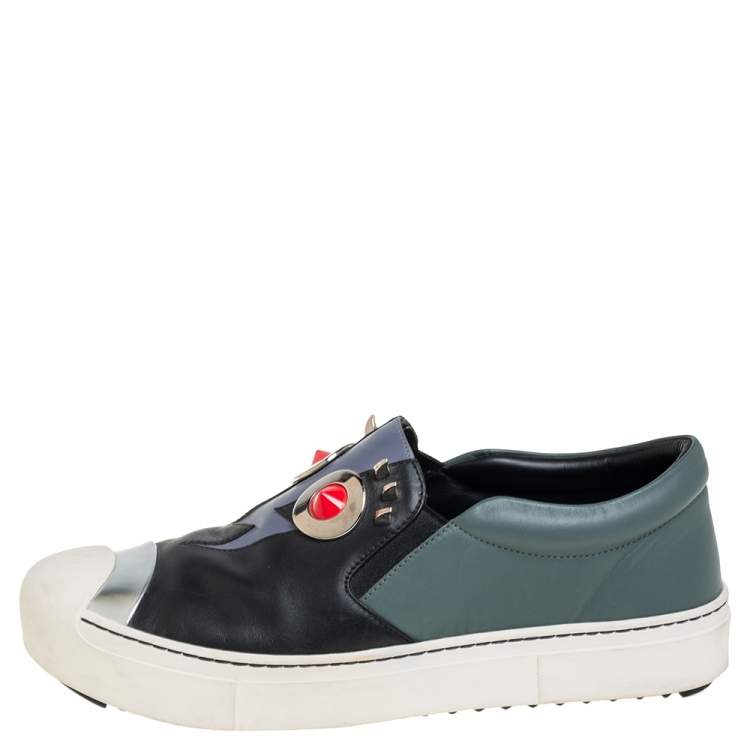 مملوكة مسبقًا Fendi Black/Grey Leather Monster Slip On Sneakers Size 38