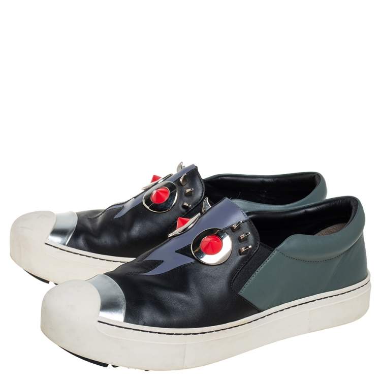 مملوكة مسبقًا Fendi Black/Grey Leather Monster Slip On Sneakers Size 38