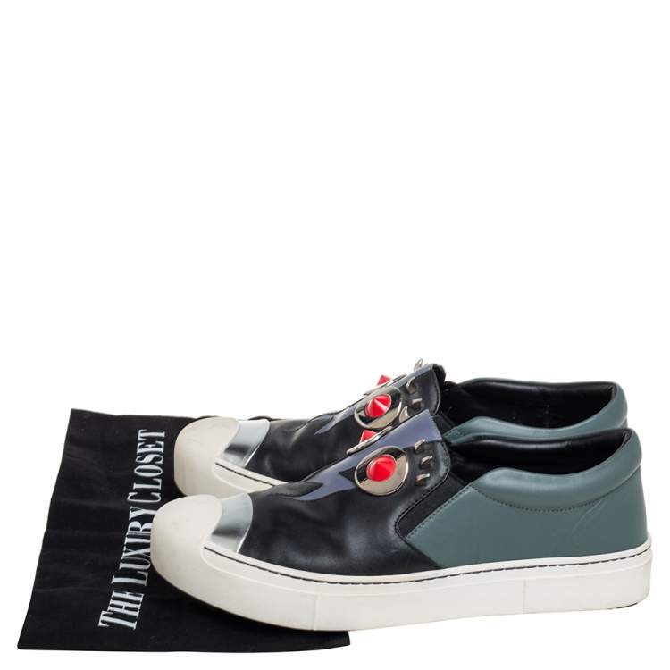 مملوكة مسبقًا Fendi Black/Grey Leather Monster Slip On Sneakers Size 38