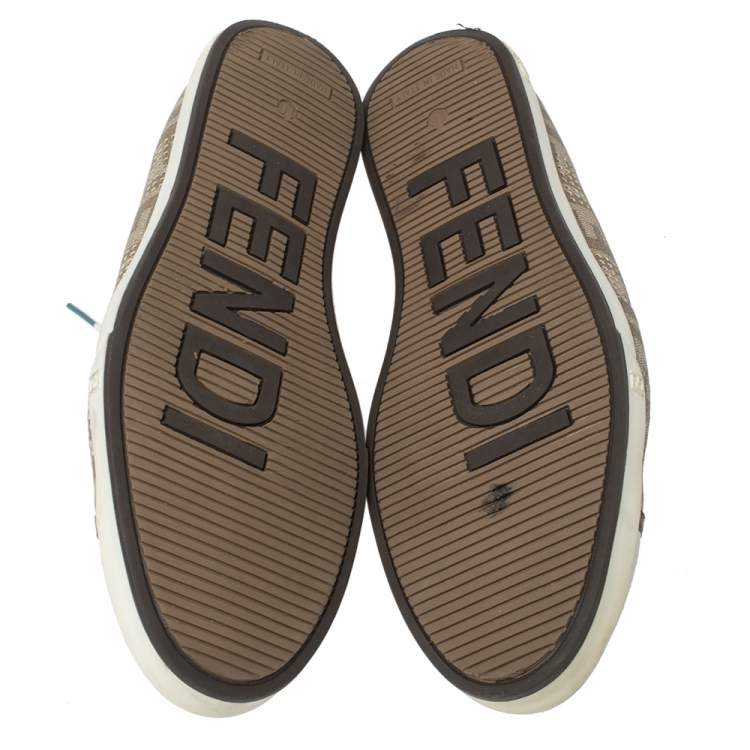 Pre Owned Fendi Beige/White Perforated Zucca Leather Lace Up Sneaker Size 44
