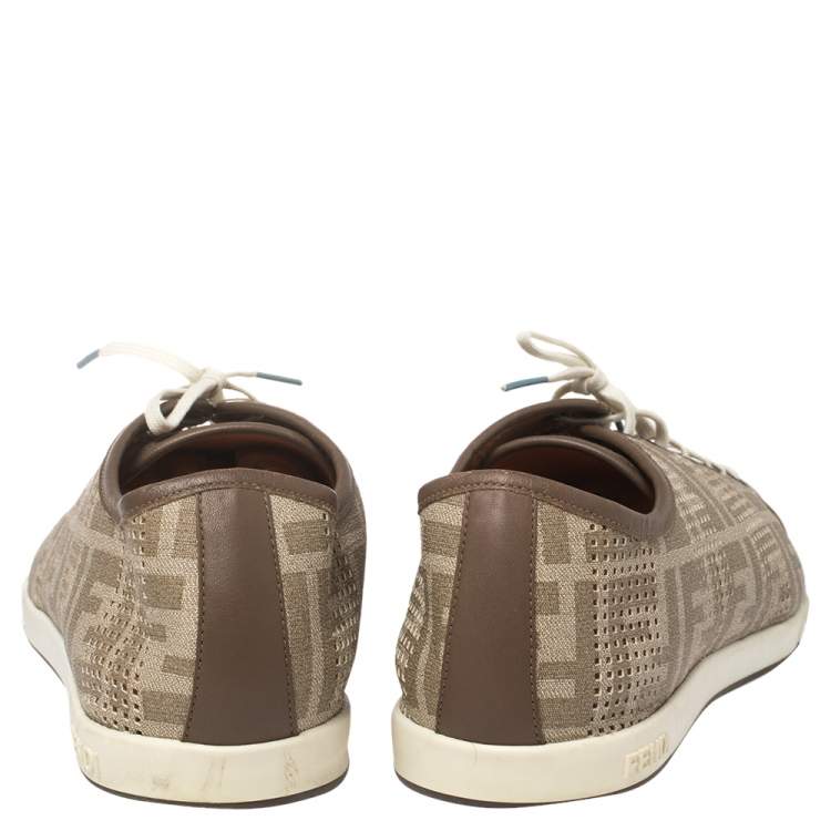Pre Owned Fendi Beige/White Perforated Zucca Leather Lace Up Sneaker Size 44