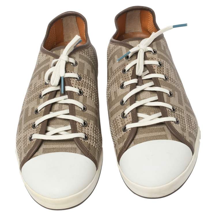 Pre Owned Fendi Beige/White Perforated Zucca Leather Lace Up Sneaker Size 44