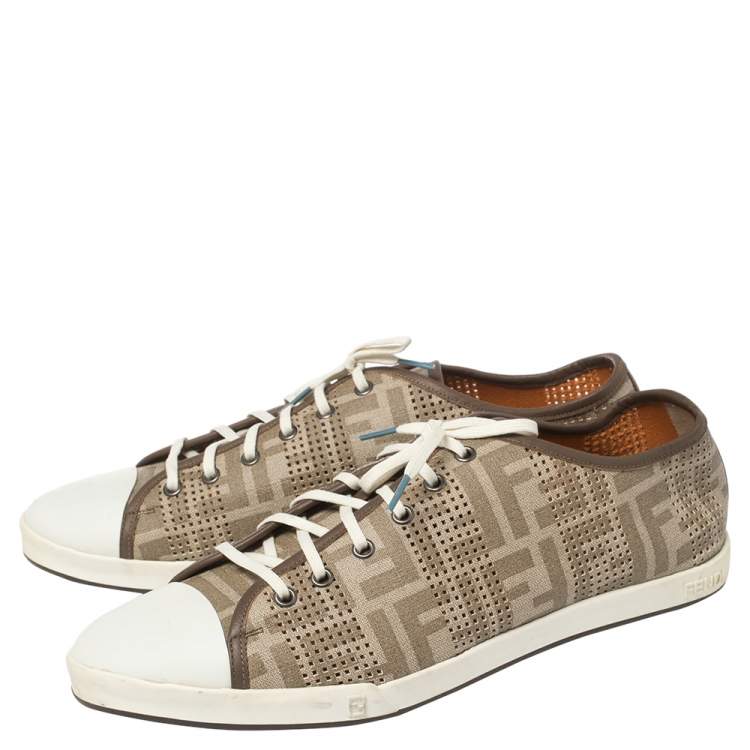 Pre Owned Fendi Beige/White Perforated Zucca Leather Lace Up Sneaker Size 44