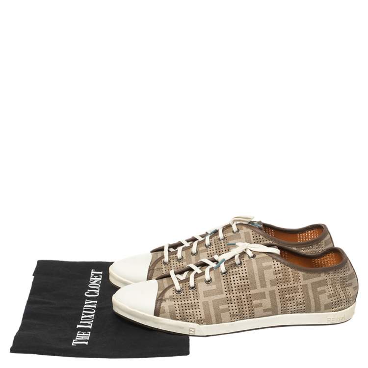 Pre Owned Fendi Beige/White Perforated Zucca Leather Lace Up Sneaker Size 44