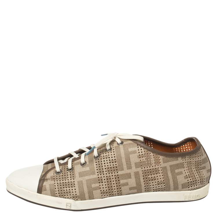 Pre Owned Fendi Beige/White Perforated Zucca Leather Lace Up Sneaker Size 44