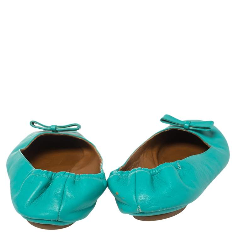 Pre Owned Fendi Turquoise Leather Bow Scrunch Ballet Flats Size 40