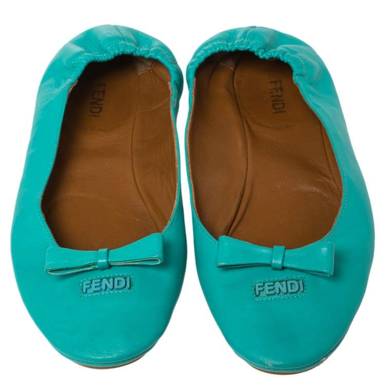Pre Owned Fendi Turquoise Leather Bow Scrunch Ballet Flats Size 40
