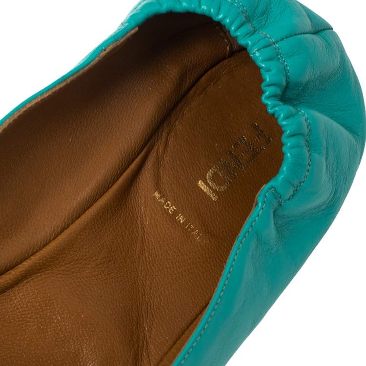 Pre Owned Fendi Turquoise Leather Bow Scrunch Ballet Flats Size 40