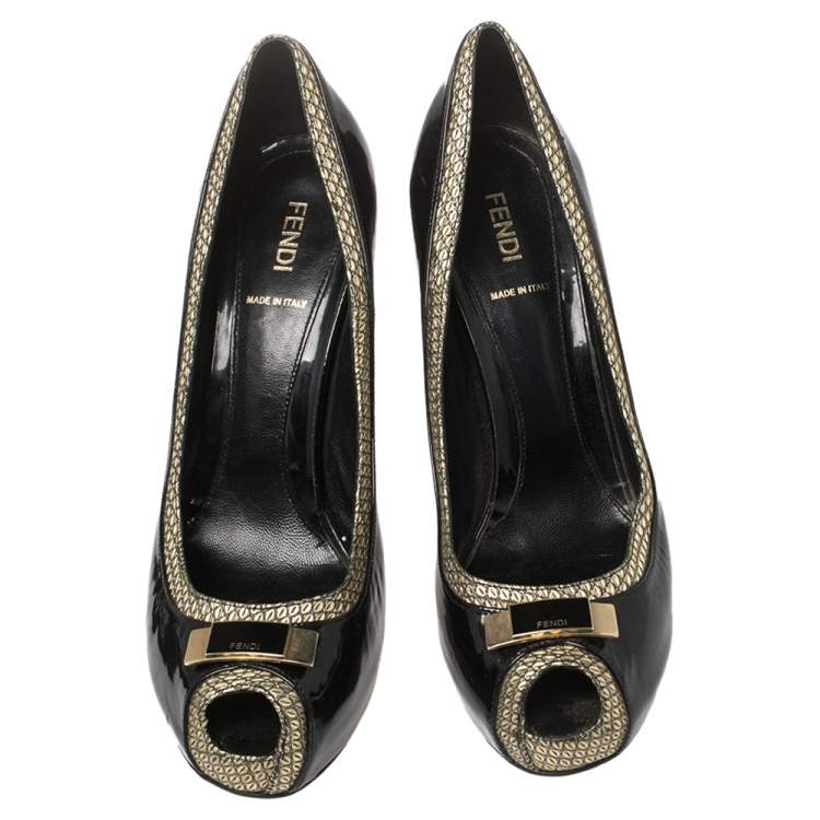 Pre Owned Fendi Black Patent and Textured Leather Peep Toe Platform Pumps Size 41