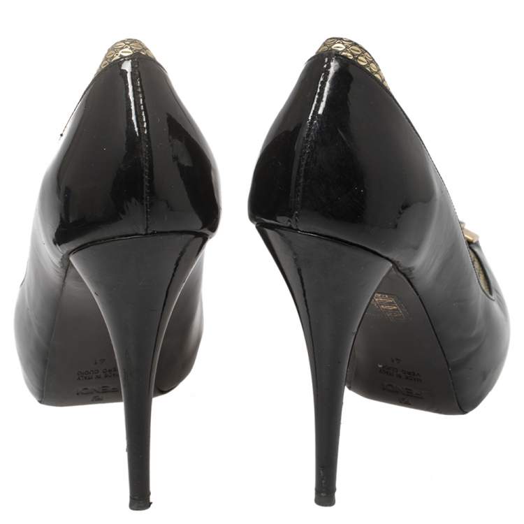Pre Owned Fendi Black Patent and Textured Leather Peep Toe Platform Pumps Size 41